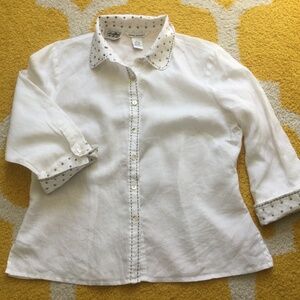 White Irish Linen blouse with polka dots